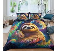 3D Easy Care Microfiber Sloth in space Comforter Cover Breathable Soft Bedding Set with Pillow Cases vibrant cosmic art Duvet Cover Sets All Season Machine Washable for Men Women Kids King（220x240cm）