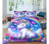 3D Easy Care Microfiber Unicorn with rainbow Comforter Cover Breathable Soft Bedding Set with Pillow Cases Fantasy cartoon Duvet Cover Set All Season Washable for Men Women Kids Single（140x200cm）