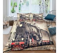 3D Easy Care Microfiber Vintage Steam Bedding Quilt Cover All Season Bedding Set w/ Pillowcase Historic Railway Comforter Cover All Season Machine Washable for Home Decoration Super king（260x220cm）