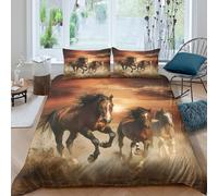 3D Easy Care Microfiber wild horses galloping Bed Quilt Cover Soft Bedding Set with Pillow Cases sunset landscape Comforter Cover Set All Season Machine Washable for Teens Adults Single（140x200cm）