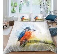3D Easy Care Microfibre Kingfisher bird Comforter Cover Set Soft Bedding Set with Pillow Cases Watercolor art style Duvet Cover All Season Machine Washable for Men Women Kids Super king（260x220cm）
