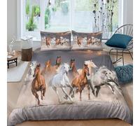 3D Easy Care Microfibre Wild horses galloping Duvet Cover Breathable Bedding Set with Pillow Cases Desert sunset Bed Quilt Cover All Season Soft Machine Washable for Boys Girls Kids Single（135x200cm）