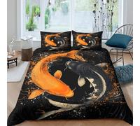 3D Effect Breathable Microfibre Koi fish art Duvet Cover Breathable Bedding Set with Pillowcases Japanese ink style Quilt Cover Sets All Season Machine Washable for Men Women Kids Single（135x200cm）