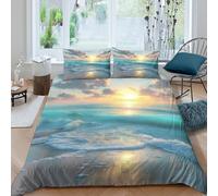 3D Effect Breathable Microfibre Sunset Beach Duvet Cover Breathable Bedding Set with Pillowcases Ocean Sunset Quilt Cover Sets All Season Machine Washable for Men Women Kids Single（140x200cm）