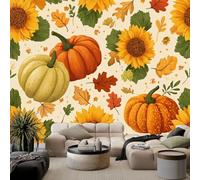 3D Effect Cartoon Countryside Floral Pumpkin Mural Wallpaper, Light Yellow Photo Wallpaper - Wall Mural Decoration for Bedroom Living Room Restaurant Cafe Fireplace, 59 x 41 inch (W x H)