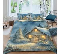 3D Effect Easy Care Microfiber Cozy Cabin Duvet Cover All Season Bedding Set with Pillow Shams Christmas Village Bedding Quilt Cover Breathable Machine Washable for Teens Adults King（220x240cm）