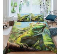 3D Effect Easy Care Microfiber Green Iguana Bed Quilt Cover Soft Bedding Set with Pillow Cases Wild Animal Art Style Comforter Cover Set All Season Machine Washable for Teens Adults Single（135x200cm）