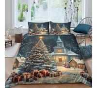 3D Effect Easy Care Microfibre Christmas tree Comforter Cover Set Soft Bedding Set with Pillow Cases Winter village scene Duvet Cover All Season Machine Washable for Men Women Kids King（220x240cm）