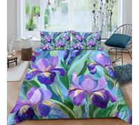 3D Effect Easy Care Microfibre Iris Flowers Bed Quilt Cover Easy Care Bedding Set with Pillowcases Abstract Floral Paint Comforter Cover All Season Machine Washable for Couples Single（140x200cm）
