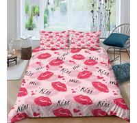3D Effect Easy Care Microfibre Lipstick kisses Bed Quilt Cover Easy Care Bedding Set with Pillowcases Romantic kiss pattern Comforter Cover All Season Machine Washable for Couples Single（140x200cm）