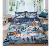 3D Effect Easy Care Microfibre Winter village scene Comforter Cover Set Soft Bedding Set with Pillow Cases Christmas cozy Duvet Cover All Season Machine Washable for Men Women Kids King（220x240cm）