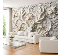 3D Effect Embossed Faux Plaster Relief Deer Head and Iris Floral Photo Wallpaper 280×200cm (Wxh) Luxury Baroque Botanical Animal Wall Covering for Living Room Bedroom 280×200cm (Wxh) (110×79Inch)