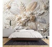 3D Effect Faux Plaster Relief Blooming Roses Palm Leaf Botanical Non-Woven Photo Wallpaper 300×210cm (WxH) Elegant Floral Wall Mural Wall Covering for Bedroom Living Room 300×210Cm (Wxh) (118×83I