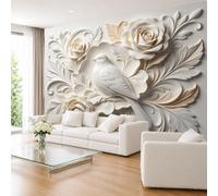 3D Effect Faux Plaster Relief Perched Sparrow Blooming Rose Baroque Scroll Mural Wallpaper 500×350cm (WxH) Non-Woven Photo Wallpaper Wall Decor for Indoor Household Space 500×350Cm (Wxh) (197×138