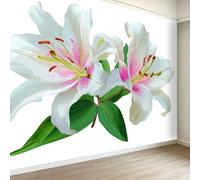 3D Effect Panoramic Botanical Wallpaper Murals, White Lily Green Leaf Non-Woven Paste the Wall Poster Wallpaper for Bedroom Living Room Hallway Large Indoor Wall Mural W400 x H280 cm