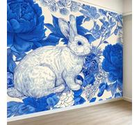 3D Effect Panoramic Country Wallpaper Murals, Botanical Floral Rabbit Non-Woven Paste the Wall Poster Wallpaper for Bedroom Living Room Hallway Large Indoor Wall Mural W300 x H210 cm