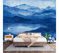 3D Effect Panoramic Custom Abstract Mountain River Flow Wallpaper Mural 200x140 cm Blue Ink Painting Wall Art Photo Wallpaper Stickers for Bedroom Living Room Hallway Sofa Backdrop Decor Poster