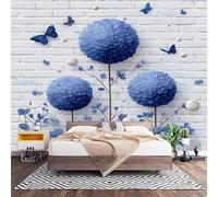 3D Effect Panoramic Custom Blue Floral Butterfly Wallpaper Mural 450x315 cm White Wall Tiles Wall Art Photo Wallpaper Stickers for Bedroom Living Room Hallway Sofa Backdrop Decor Poster