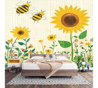 3D Effect Panoramic Custom Cartoon Bee SunFloral Wallpaper Mural 250x175 cm Light Yellow Wall Art Photo Wallpaper Stickers for Bedroom Living Room Hallway Sofa Backdrop Decor Poster