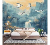3D Effect Panoramic Custom Chinese Style Cranes Wallpaper Mural 450x315 cm Light Blue Ink Wall Art Photo Wallpaper Stickers for Bedroom Living Room Hallway Sofa Backdrop Decor Poster