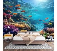 3D Effect Panoramic Custom Colorful Wallpaper Mural 450x315 cm Ocean Coral Fish Schools Wall Art Photo Wallpaper Stickers for Bedroom Living Room Hallway Sofa Backdrop Decor Poster