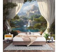 3D Effect Panoramic Custom Green Wallpaper Mural 350x256 cm Waterfall Scenery Outside The Window Wall Art Photo Wallpaper Stickers for Bedroom Living Room Hallway Sofa Backdrop Decor Poster