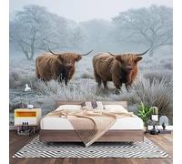 3D Effect Panoramic Custom Highland Cattle On Winter Grassland Wallpaper Mural 200x140 cm Brown Wall Art Photo Wallpaper Stickers for Bedroom Living Room Hallway Sofa Backdrop Decor Poster
