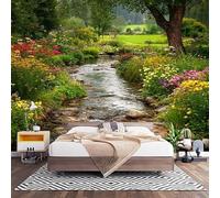3D Effect Panoramic Custom Nature Stream Garden Wallpaper Mural 300x210 cm Landscape Wall Art Photo Wallpaper Stickers for Bedroom Living Room Hallway Sofa Backdrop Decor Poster