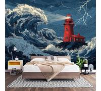 3D Effect Panoramic Custom Ocean Waves Red Lighthouse Wallpaper Mural 250x175 cm Blue Wall Art Photo Wallpaper Stickers for Bedroom Living Room Hallway Sofa Backdrop Decor Poster