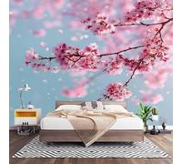 3D Effect Panoramic Custom Pink Cherry Blossoms in Full Bloom Wallpaper Mural 300x210 cm Light Blue Wall Art Photo Wallpaper Stickers for Bedroom Living Room Hallway Sofa Backdrop Decor Poster