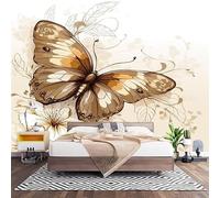 3D Effect Panoramic Custom Retro Beige Wallpaper Mural 400x280 cm Gold Butterfly Pattern Wall Art Photo Wallpaper Stickers for Bedroom Living Room Hallway Sofa Backdrop Decor Poster