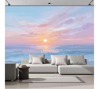 3D Effect Panoramic Mural Wallpaper Dreamy Sunset Ocean Waves Wall Mural Landscape Illustration Murals Retro Light Blue Sofa Tv Background Decoration Wallpaper For Living Room Bedroom, 450X315Cm