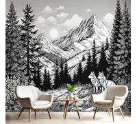 3D Effect Panoramic Mural Wallpaper Hand-Drawn Forest Wolf Wall Mural Mountain Animals Landscape Murals Retro Black White Sofa Tv Background Decoration Wallpaper For Living Room Bedroom, 350X256Cm