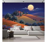 3D Effect Panoramic Mural Wallpaper Night Sky Grassland Mountains Wall Mural Cartoon Illustration Murals Retro Blue Orange Sofa Tv Background Decoration Wallpaper For Living Room Bedroom, 250X175Cm
