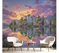3D Effect Panoramic Mural Wallpaper Sunset Over A City Lake Wall Mural Realistic Landscape Murals Retro Pastel Colors Sofa Tv Background Decoration Wallpaper For Living Room Bedroom, 450X315Cm