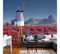 3D Effect Panoramic Mural Wallpaper Tulips Windmills Wall Mural Dutch Countryside Landscape Murals Retro Blue And Red Sofa Tv Background Decoration Wallpaper For Living Room Bedroom, 250X175Cm