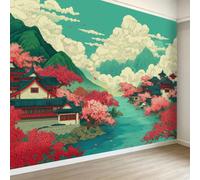 3D Effect Panoramic Oriental Wallpaper Murals, Cartoon Traditional Architecture Flower Non-Woven Paste the Wall Poster Wallpaper for Bedroom Living Room Hallway Large Indoor Wall Mural W350 x H256 cm