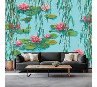 3D Effect Panoramic Oriental Wallpaper Murals, Ink Lotus Weeping Willow Branches Non-Woven Paste the Wall Poster Wallpaper for Bedroom Living Room Hallway Large Indoor Wall Mural W200 x H140 cm