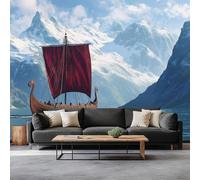 3D Effect Panoramic Realistic Wallpaper Murals, Snow Mountain Fjord Sailboat Non-Woven Paste the Wall Poster Wallpaper for Bedroom Living Room Hallway Large Indoor Wall Mural W350 x H256 cm