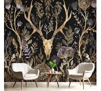 3D Effect Photo Wallpaper Antlers Flowers Plants 300×210cm Mural Panoramic Wall Tapestry,Large Gothic Forest Photo Mural Bedroom Eco-Friendly Wallpaper Decoration