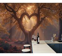 3D Effect Photo Wallpaper Autumn Heart-Shaped Tree Romantic Landscape 200X140Cm Mural Panoramic Wall Tapestry Mustard Yellow Large Photo Wallpaper Mural Bedroom Living Room Wallpapers Decoration