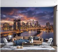 3D Effect Photo Wallpaper City Skyline, Night View Of Suspension Bridge Panoramic Wall Tapestry Modern City Silk Wall Murals for Office Bedroom Rental House Decoration, 300x210cm Warm Yellow