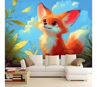 3D Effect Photo Wallpaper Cute Cartoon Animal Fox, Panoramic Custom Blue Wallpaper Mural - Poster Decoration for Bedroom Living Room Corridor 157 x 110 inch (W x H)
