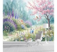 3D Effect Photo Wallpaper Decoration, Cherry Blossom Trees Grass Flowers Wall Mural Poster Watercolor Spring Flowerbeds Silk Wallpaper Wall Mural - Decorative Art Bedrooms Living Room Decor, 200x140cm