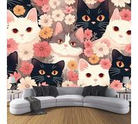 3D Effect Photo Wallpaper Flowers Cats 250×175cm Mural Panoramic Hand Drawn Animals Wall Murals, Large XL Photo Wallpaper Pink Mural Decoration for Living Room Bedroom