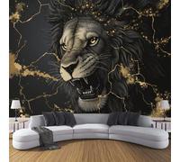 3D Effect Photo Wallpaper Marble Cracks 400×280cm Mural Panoramic Angry Lion Animal Wall Murals, Large XXL Photo Wallpaper Black Mural Decoration for Living Room Bedroom