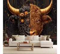 3D Effect Photo Wallpaper Punk Mechanical Bull Mural Panoramic Wall Cow Grassland Large Photo Wallpaper Mural Animal Non-Woven 300x256cm Bedroom Eco-Friendly Murals Decoration for Bedroom Living Room