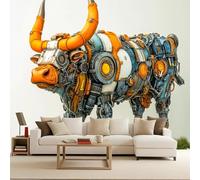 3D Effect Photo Wallpaper Punk Mechanical Bull Mural Panoramic Wall Cow Grassland Large Photo Wallpaper Mural Animal Non-Woven 300x256cm Bedroom Eco-Friendly Murals Decoration for Bedroom Living Room
