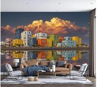 3D Effect Photo Wallpaper Reflections On The Water In A Coastal City Panoramic Wall Tapestry Modern City Landscape Silk Wall Murals for Office Bedroom Rental House Decoration, 200x140cm Blue-Gray