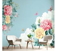 3D Effect Photo Wallpaper Roses and Butterflies 250×175cm Mural Panoramic Wall Tapestry,Large Countryside Flowers Photo Mural Bedroom Eco-Friendly Wallpaper Decoration